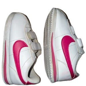 Nike Kids White Sneakers with Pink Swoosh Velcro